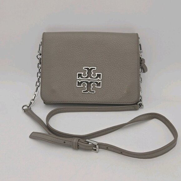 Tory Burch Britten Leather Combo Crossbody Handbag Gray Britain Britton Chain C - Picture 1 of 16